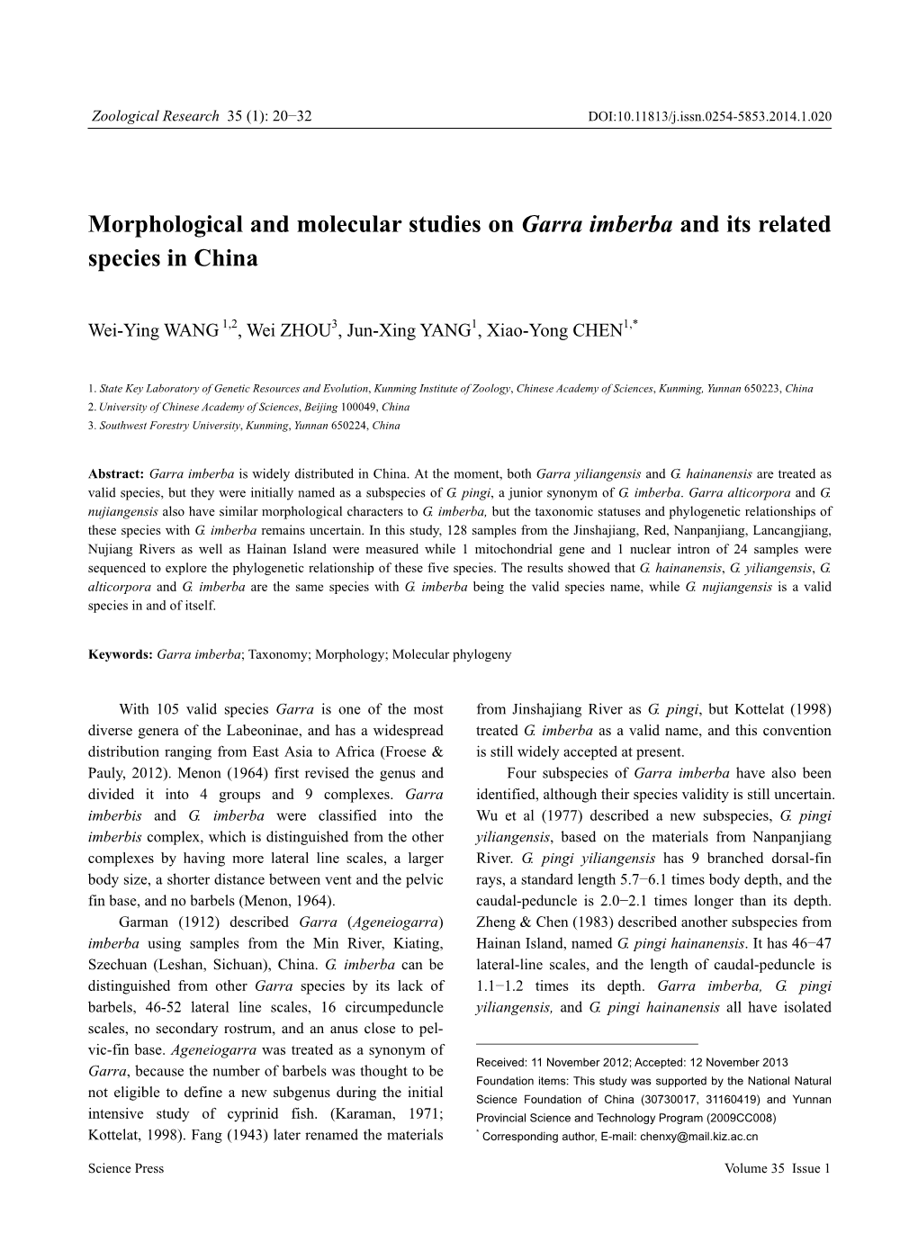 Morphological and Molecular Studies on Garra Imberba and Its Related Species in China