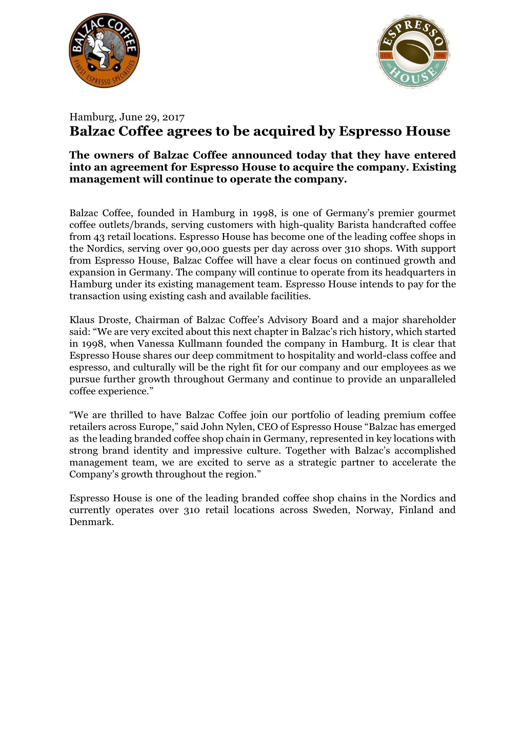 Balzac Coffee Agrees to Be Acquired by Espresso House