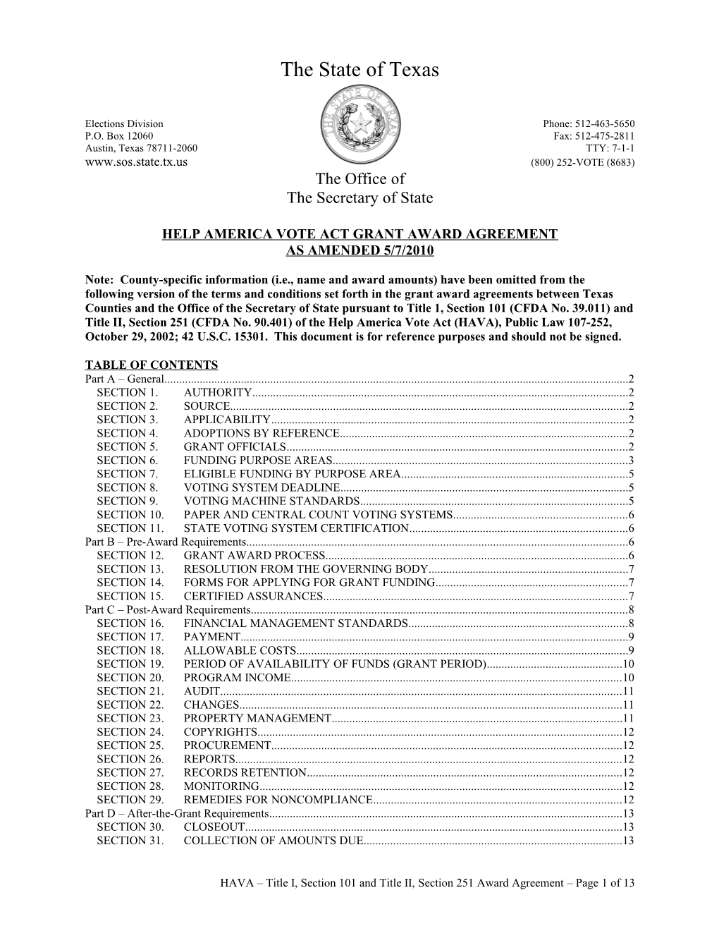 Help America Vote Act (Hava), Title 1, Section 102 Grant Agreement Between the State Of s1