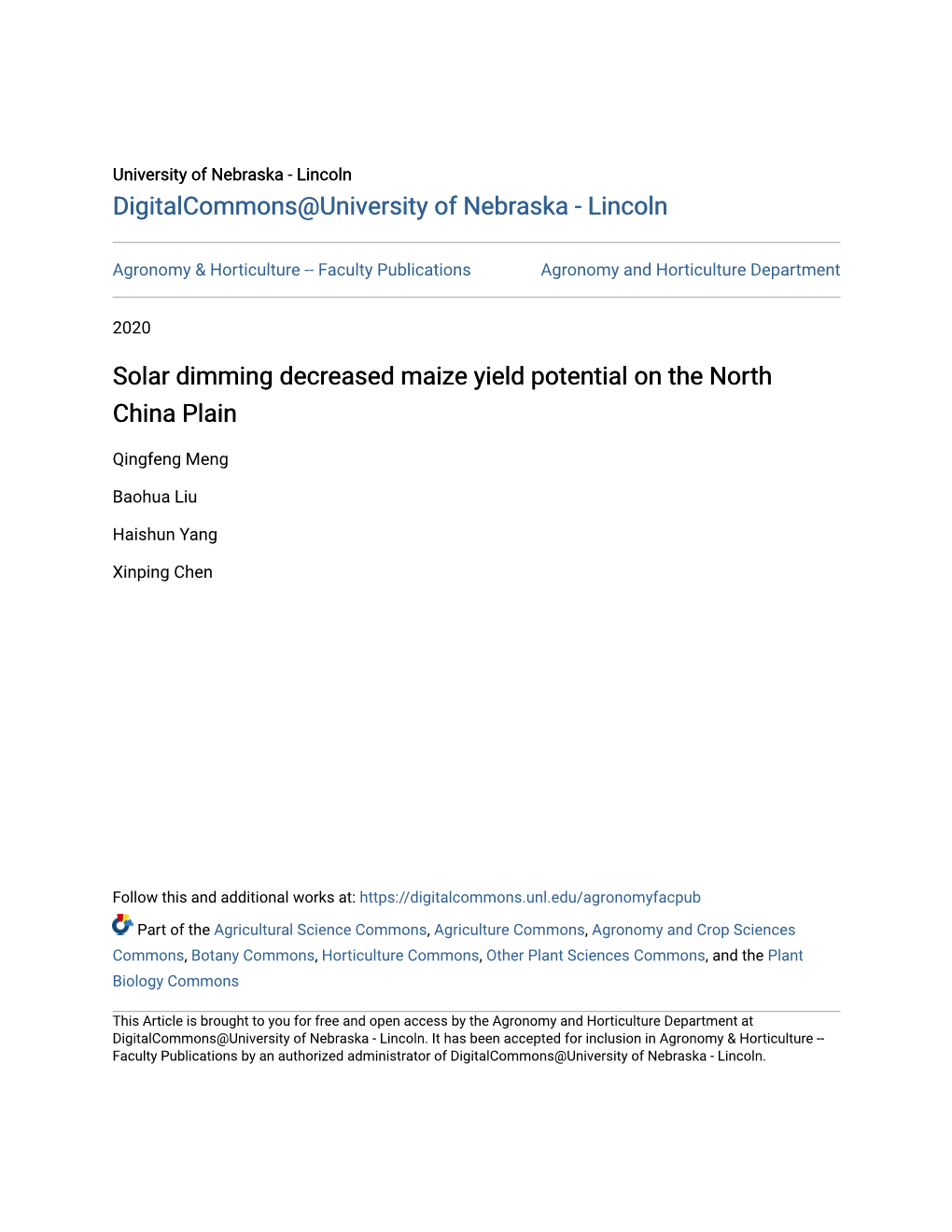 Solar Dimming Decreased Maize Yield Potential on the North China Plain