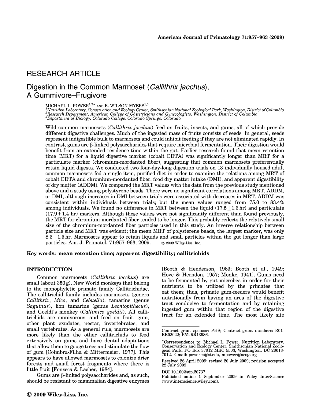 RESEARCH ARTICLE Digestion in the Common Marmoset (Callithrix Jacchus), a Gummivore-Frugivore