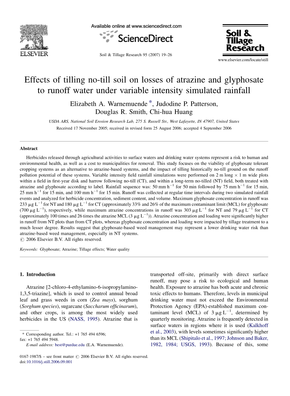 Effects of Tilling No-Till Soil on Losses of Atrazine and Glyphosate to Runoff Water Under Variable Intensity Simulated Rainfall Elizabeth A