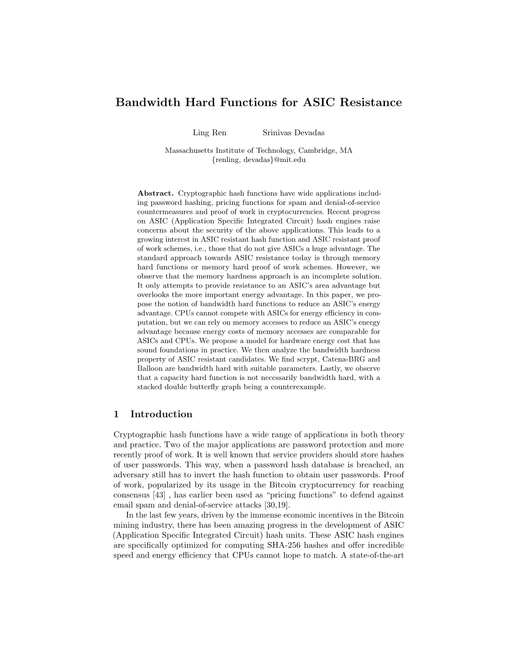 Bandwidth Hard Functions for ASIC Resistance