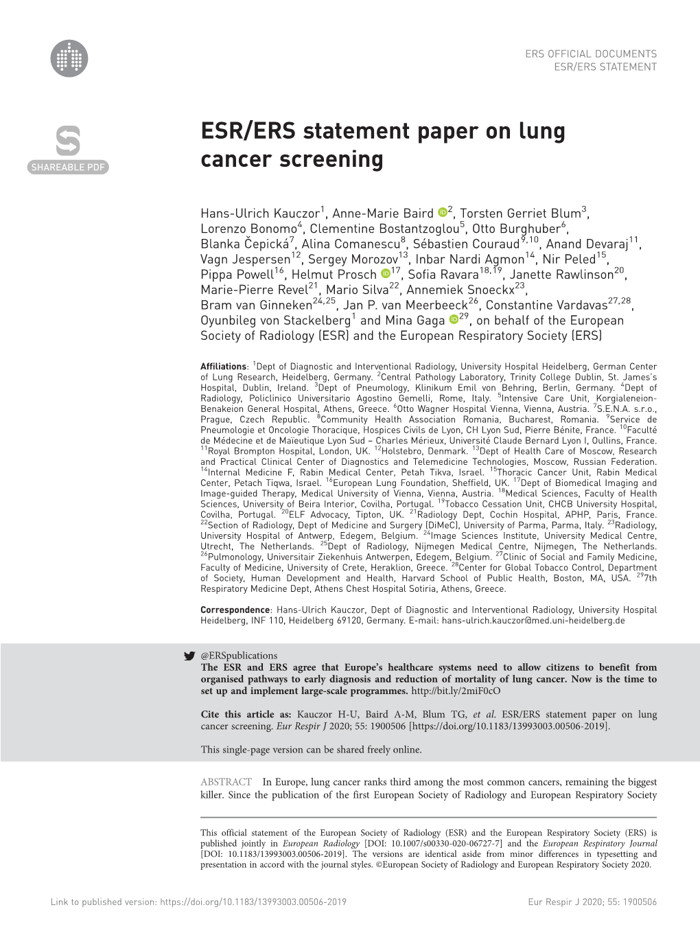 ESR/ERS Statement Paper on Lung Cancer Screening