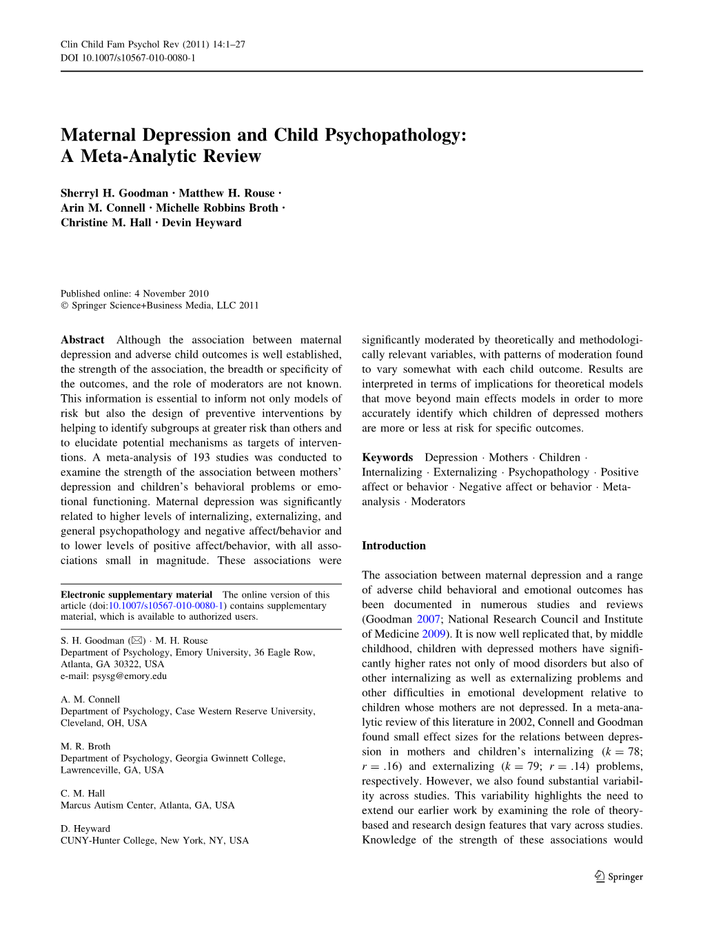 Maternal Depression and Child Psychopathology: a Meta-Analytic Review