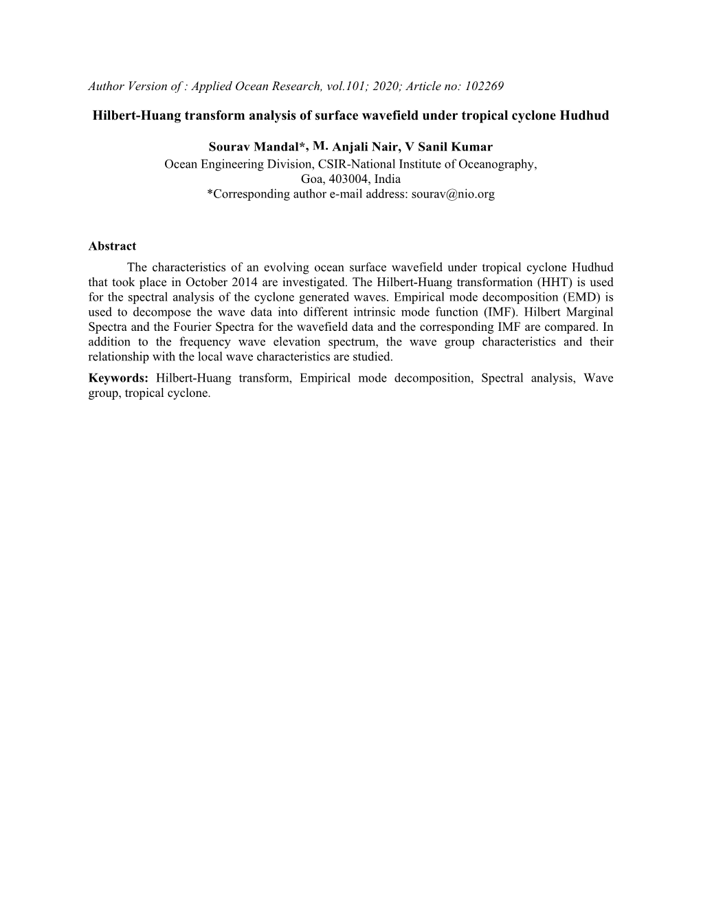 Hilbert-Huang Transform Analysis of Surface Wavefield Under Tropical Cyclone Hudhud