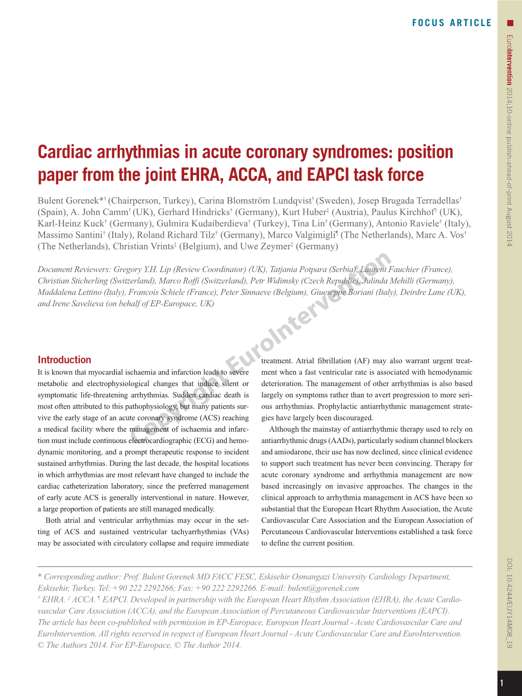 Cardiac Arrhythmias in Acute Coronary Syndromes: Position Paper from the Joint EHRA, ACCA, and EAPCI Task Force