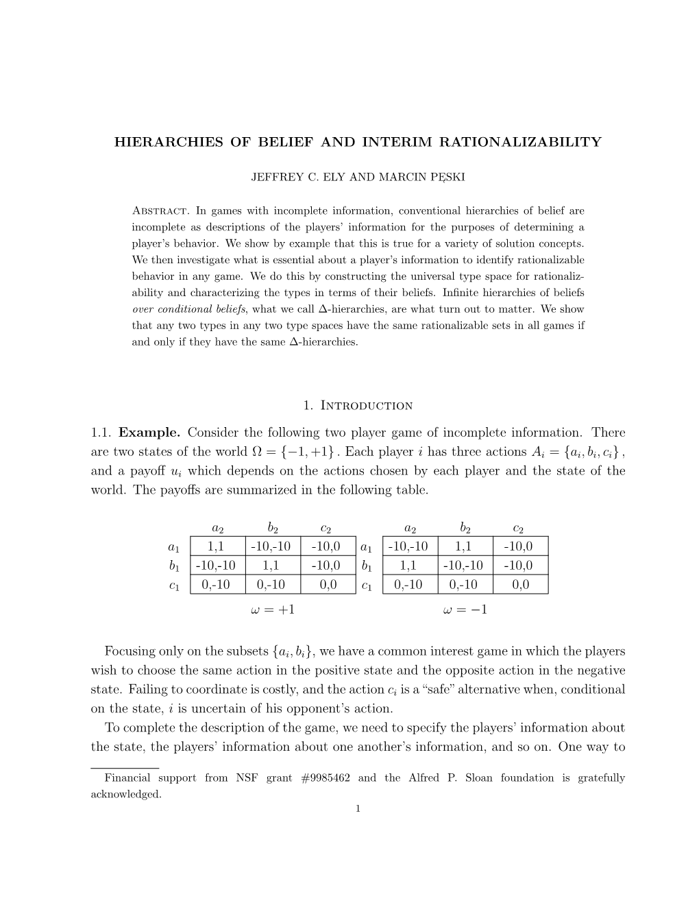 HIERARCHIES of BELIEF and INTERIM RATIONALIZABILITY 11 (·),T Is a Type Ti in a Type Space T Which Generates Ri