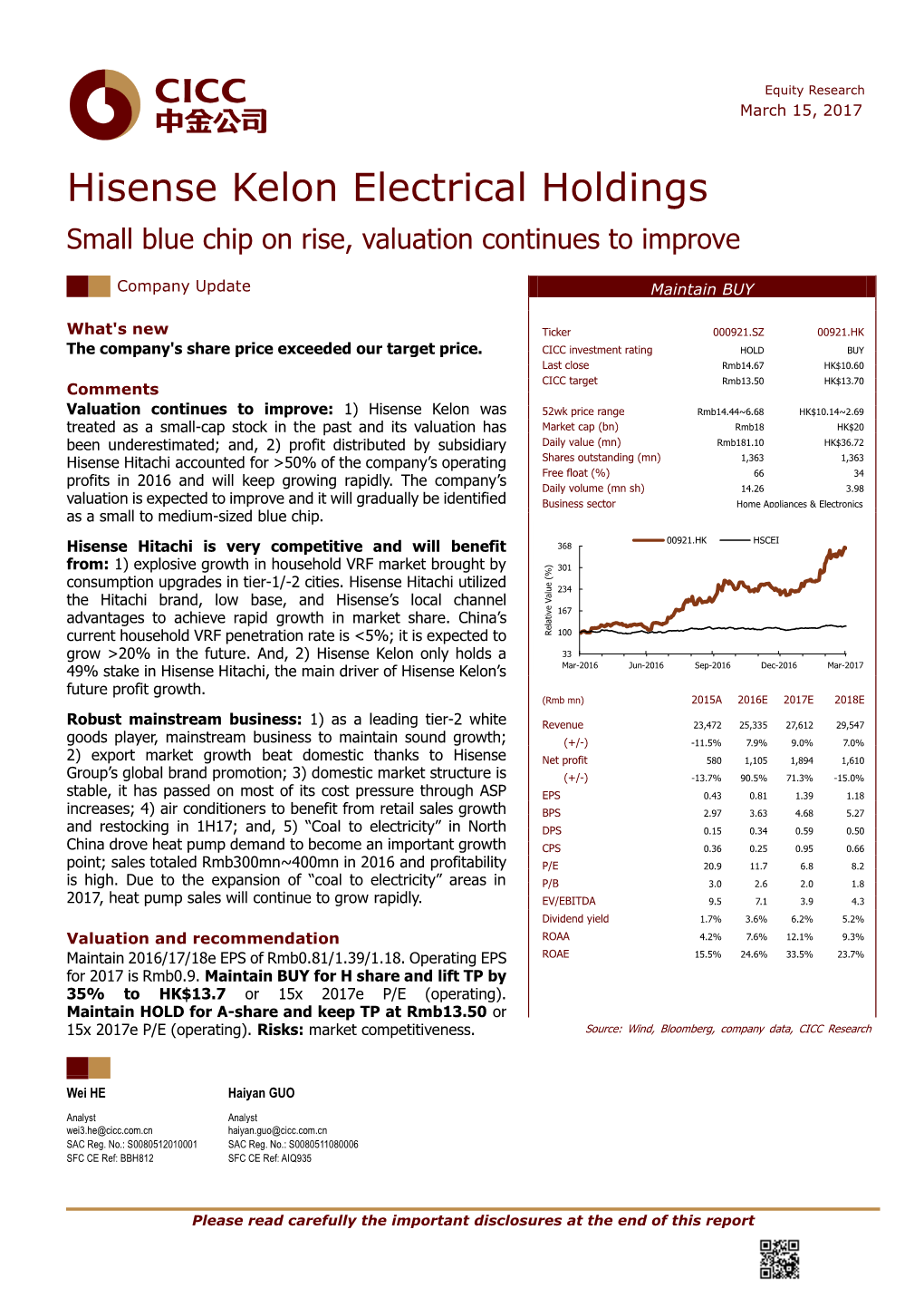 Hisense Kelon Electrical Holdings Small Blue Chip on Rise, Valuation Continues to Improve