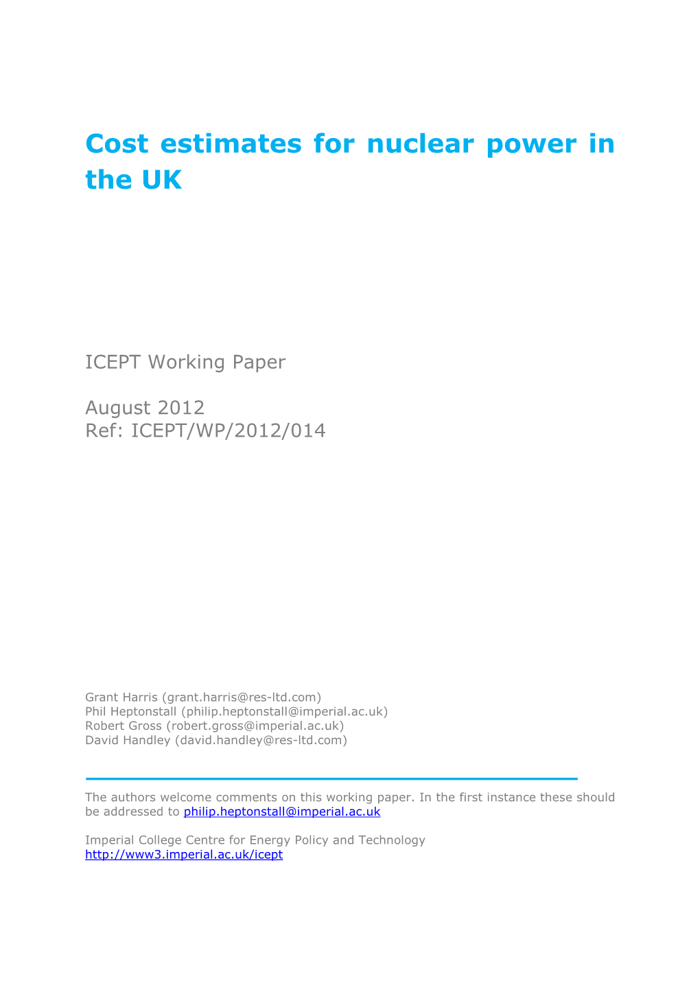 Cost Estimates for Nuclear Power in the UK