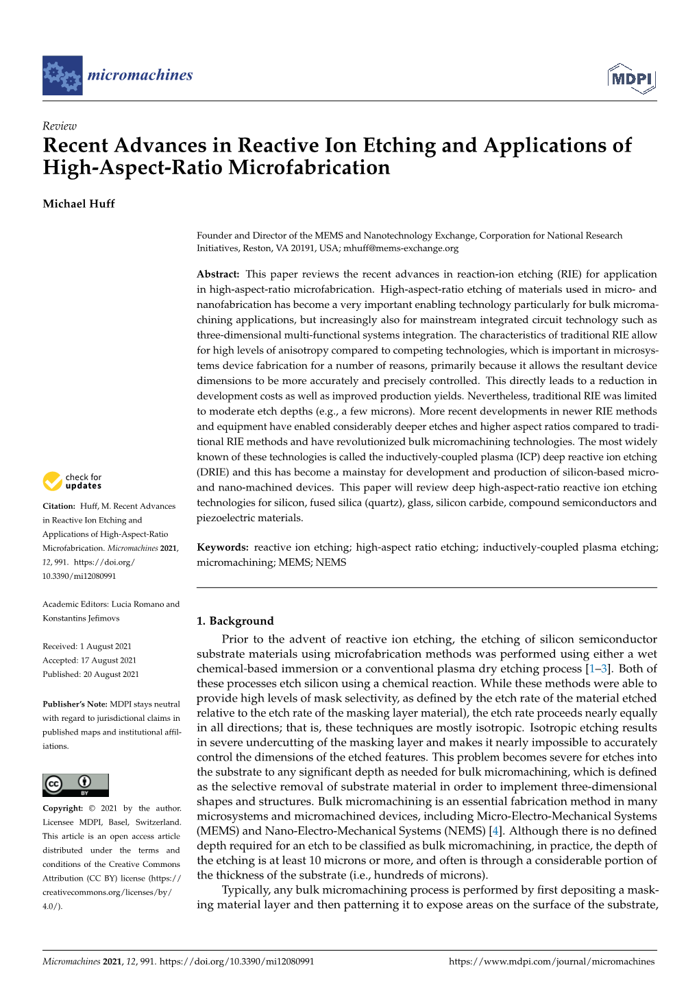 Recent Advances in Reactive Ion Etching and Applications of High-Aspect-Ratio Microfabrication