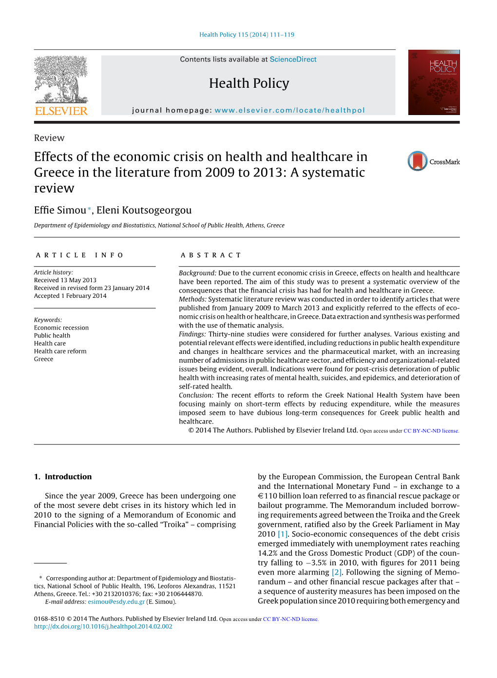 Effects of the Economic Crisis on Health and Healthcare In