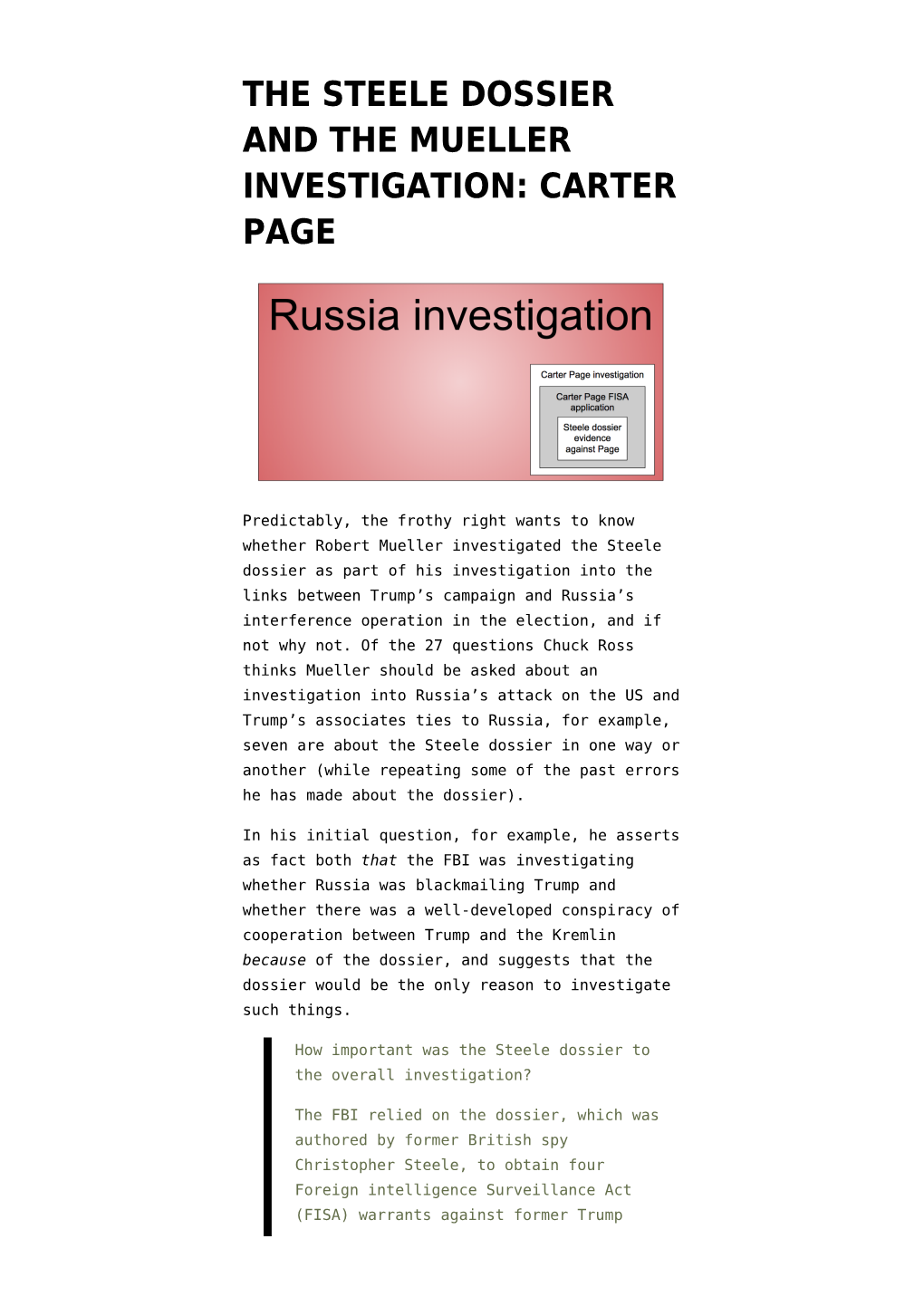 The Steele Dossier and the Mueller Investigation: Carter Page