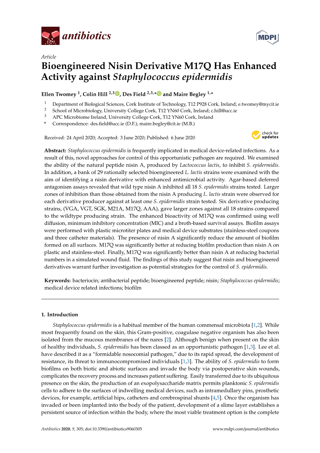 Bioengineered Nisin Derivative M17Q Has Enhanced Activity Against Staphylococcus Epidermidis