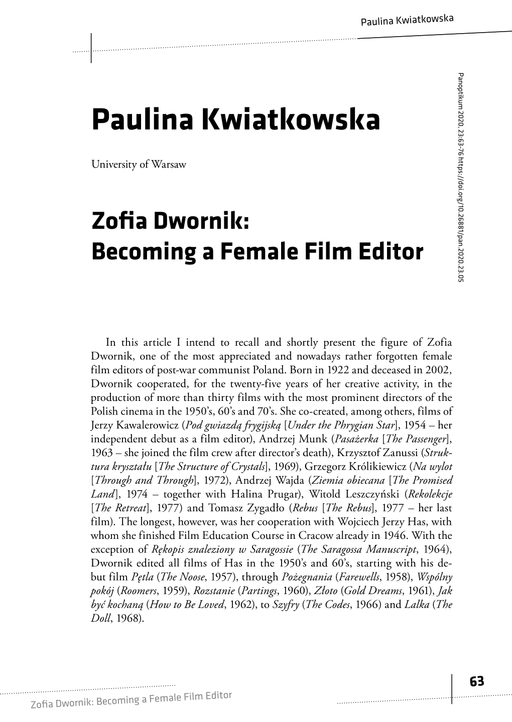 Paulina Kwiatkowska Panoptikum 2020, 23:63-76 23:63-76 2020, Panoptikum