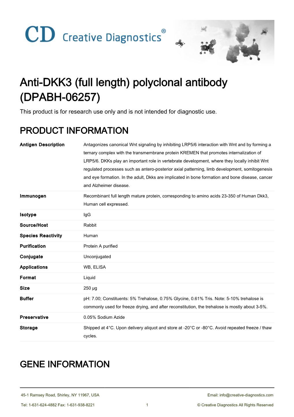 Anti-DKK3 (Full Length) Polyclonal Antibody (DPABH-06257) This Product Is for Research Use Only and Is Not Intended for Diagnostic Use
