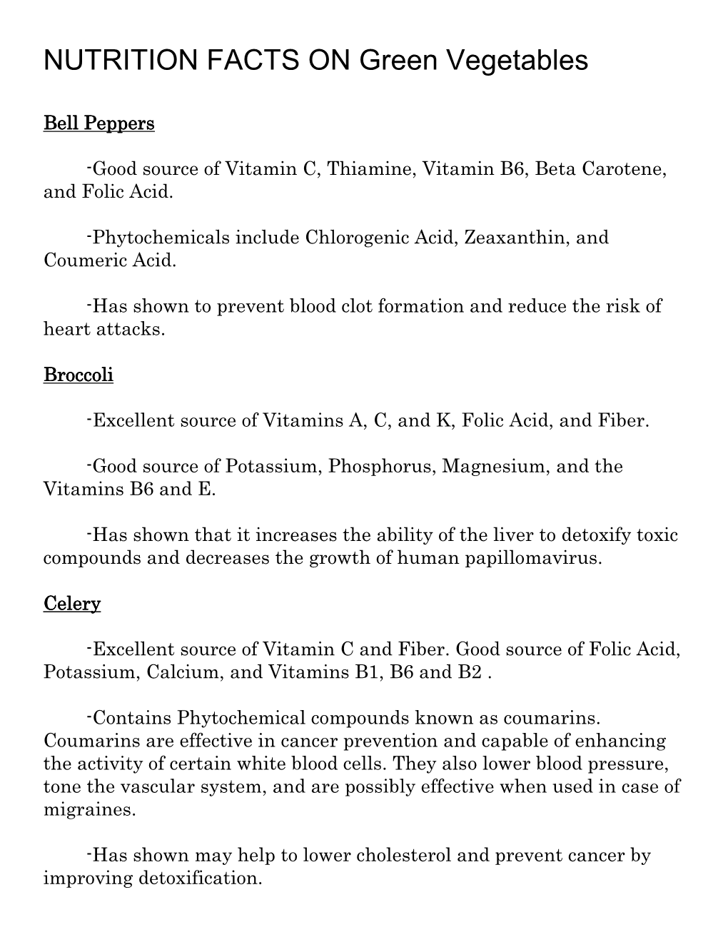 NUTRITION FACTS on Green Vegetables