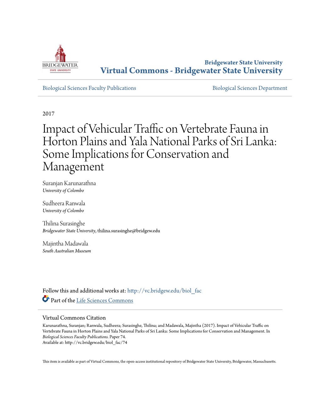 Impact of Vehicular Traffic on Vertebrate Fauna in Horton Plains and Yala National Parks of Sri Lanka: Some Implications for Conservation and Management