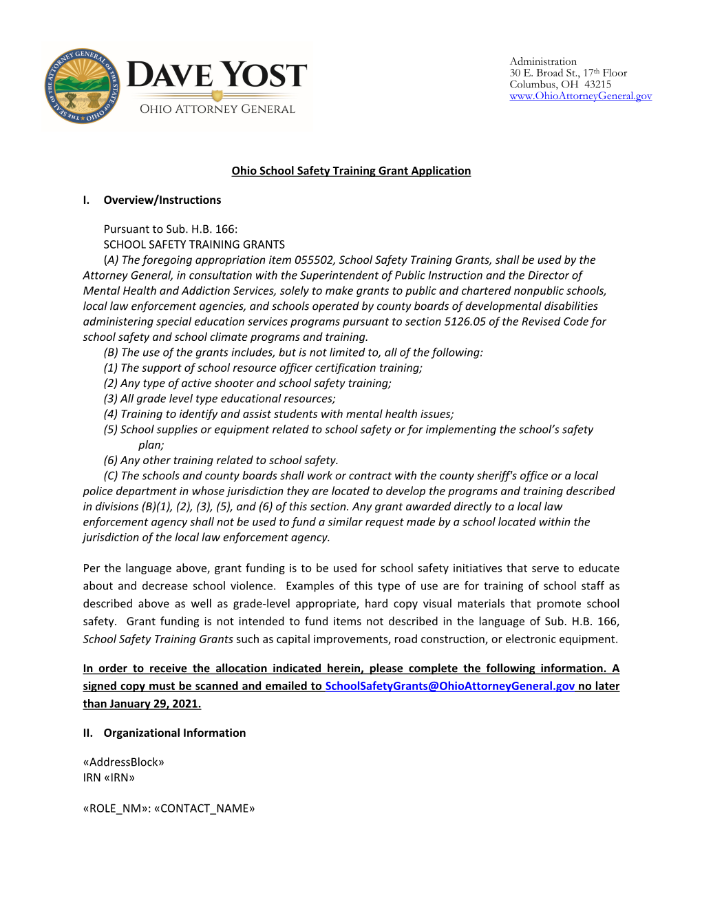Ohio School Safety Training Grant Application I. Overview/Instructions Pursuant to Sub. HB