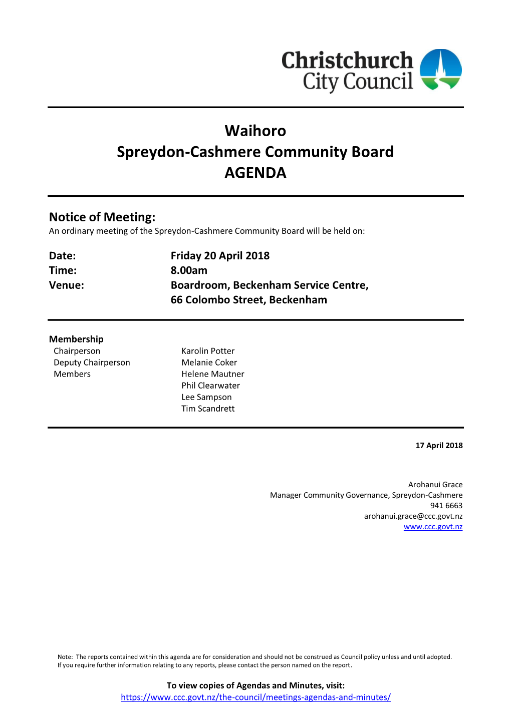 Agenda of Spreydon-Cashmere Community Board