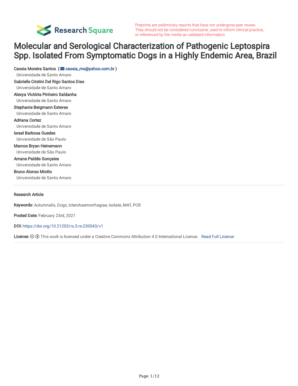 Molecular and Serological Characterization of Pathogenic Leptospira Spp