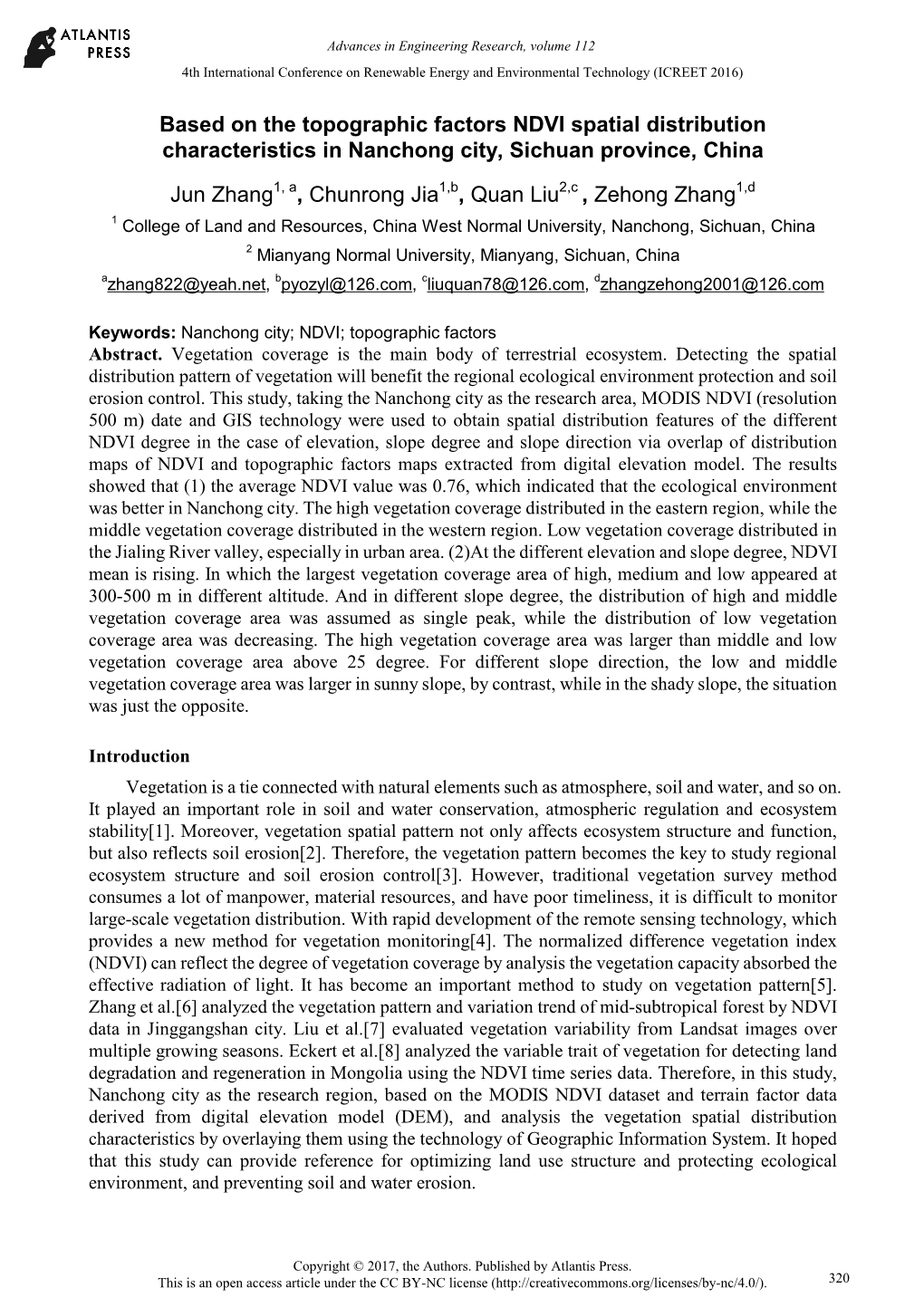 Based on the Topographic Factors NDVI Spatial Distribution Characteristics in Nanchong City, Sichuan Province, China