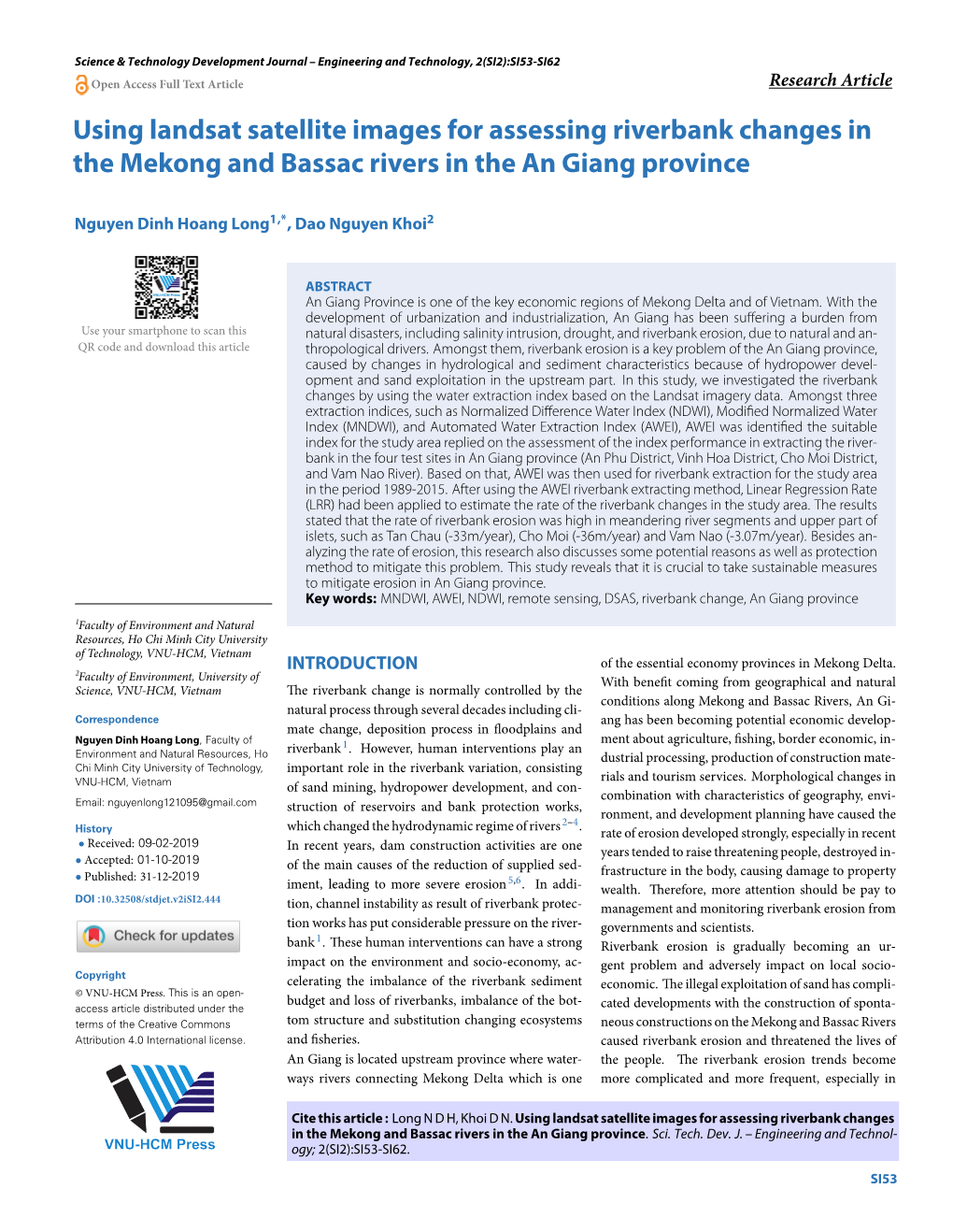 Using Landsat Satellite Images for Assessing Riverbank Changes in the Mekong and Bassac Rivers in the an Giang Province