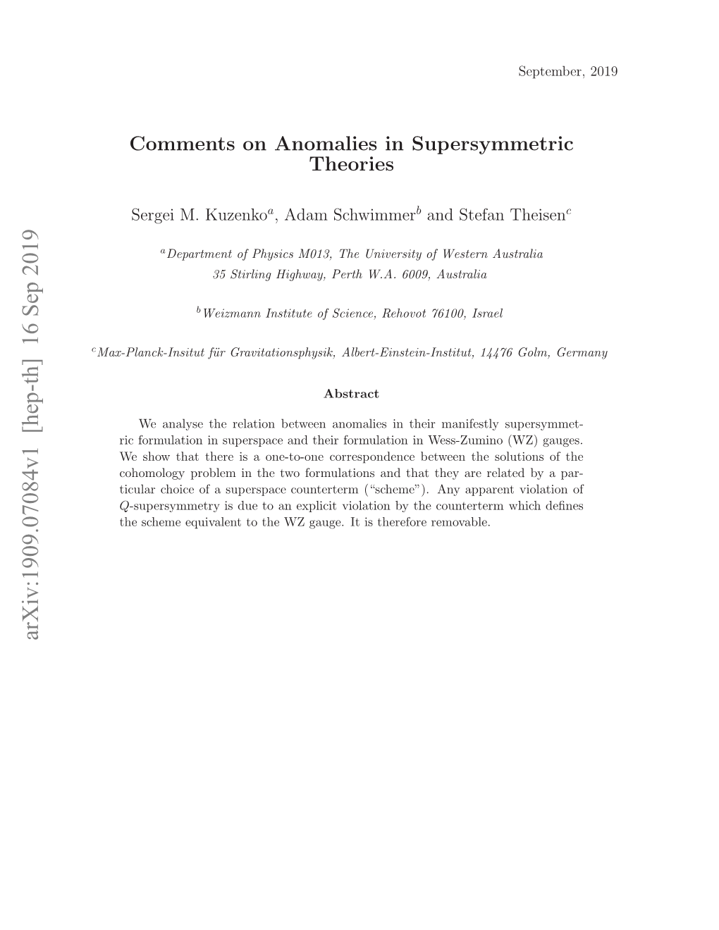 Comments on Anomalies in Supersymmetric Theories