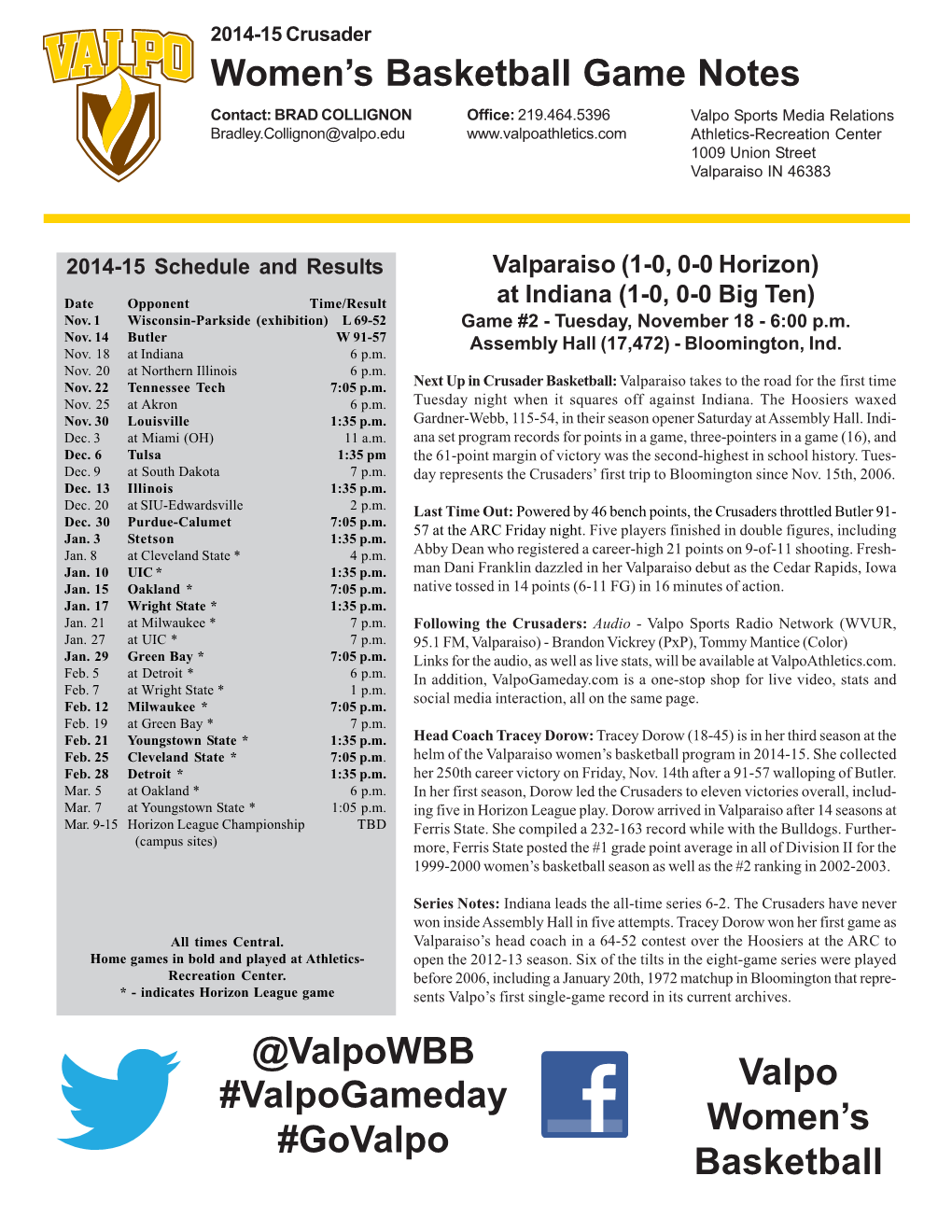 Women's Basketball Game Notes @Valpowbb Valpo Women's