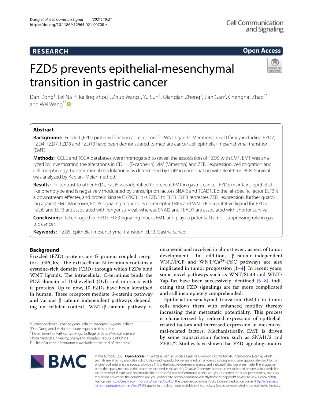 FZD5 Prevents Epithelial-Mesenchymal Transition