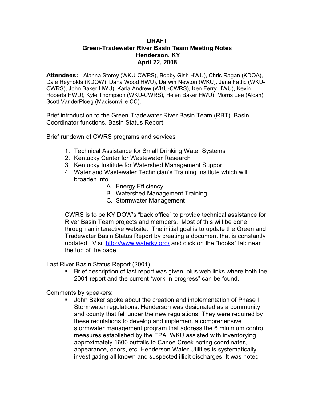 Green-Tradewater River Basin Team Meeting Notes