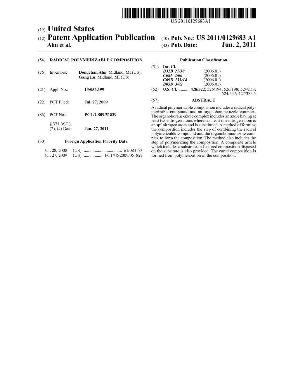 (12) Patent Application Publication (10) Pub. No.: US 2011/0129683 A1 Ahn Et Al