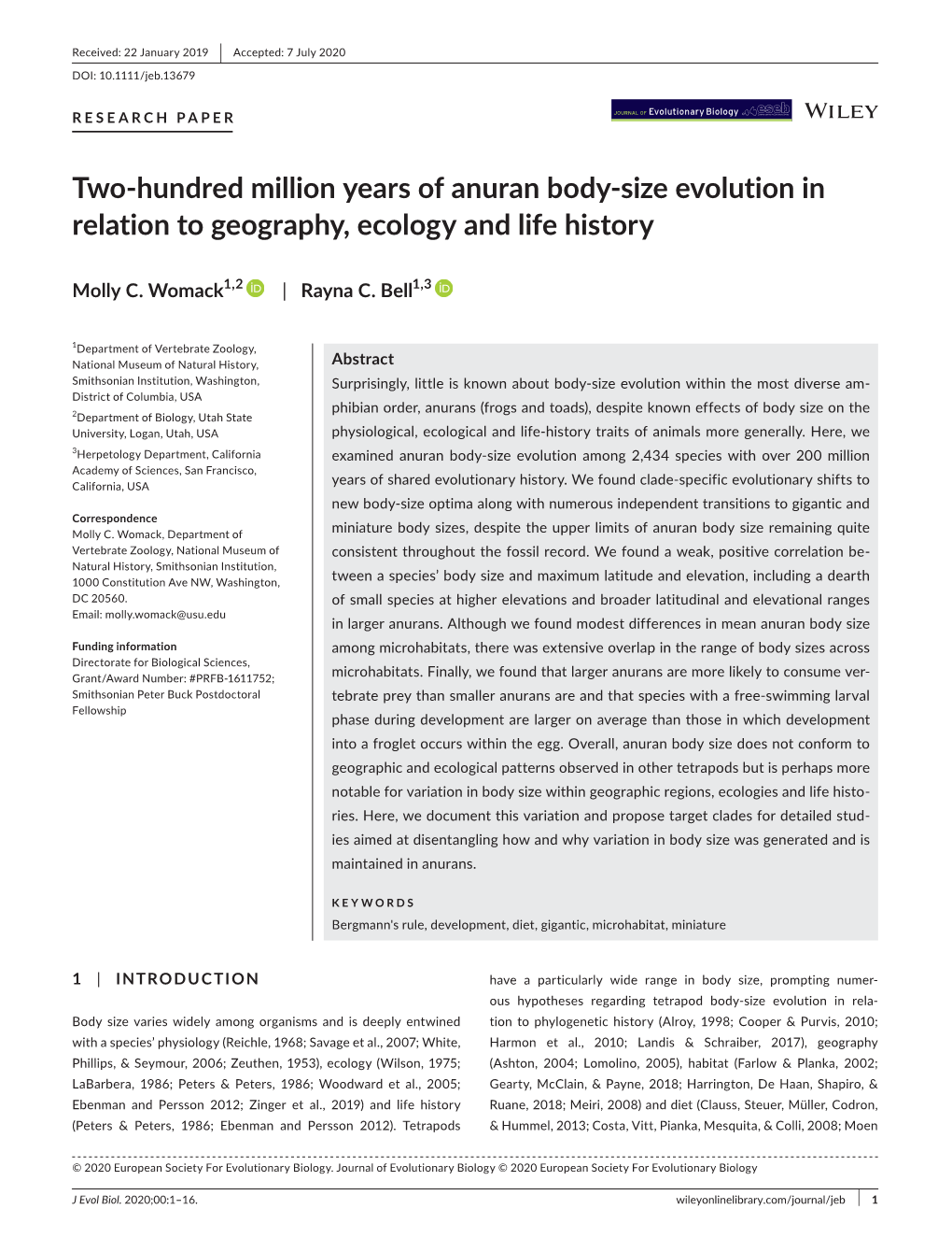 Two‐Hundred Million Years of Anuran Body‐Size Evolution in Relation to Geography, Ecology and Life History