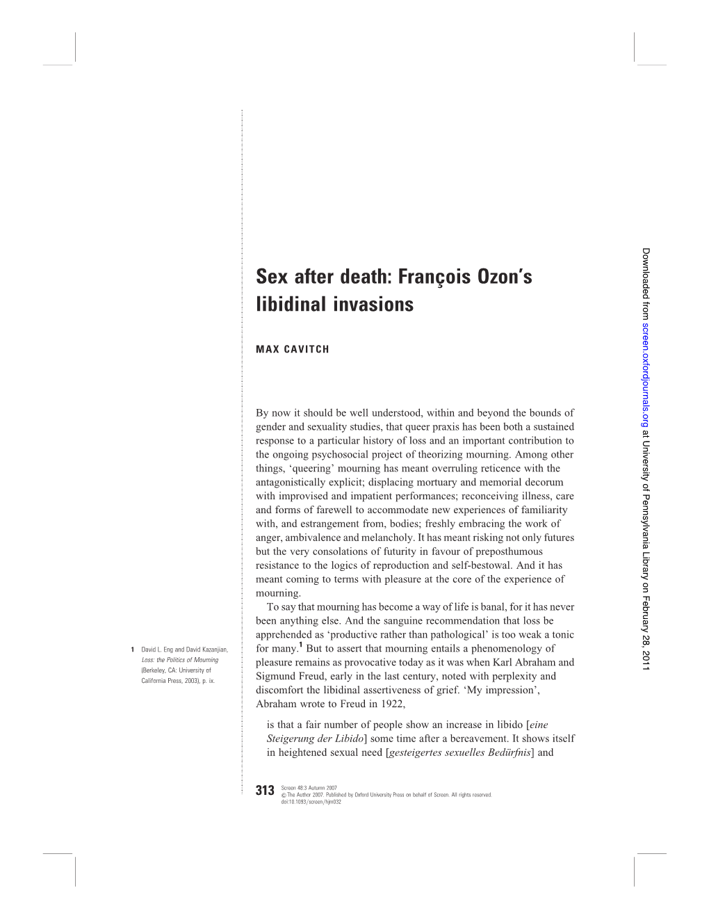 Sex After Death: Franc¸Ois Ozon’S Libidinal Invasions Screen.Oxfordjournals.Org