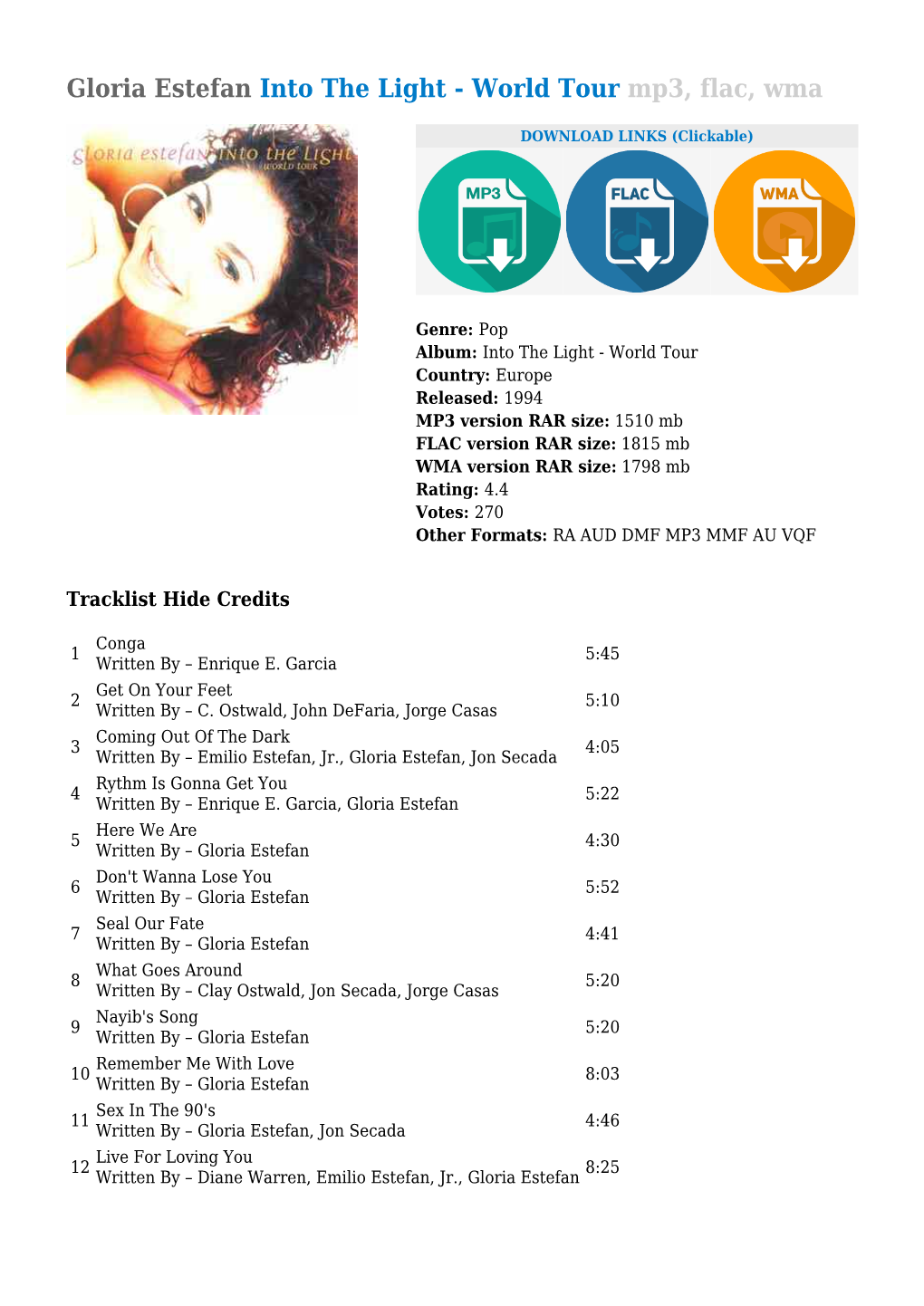 Gloria Estefan Into the Light - World Tour Mp3, Flac, Wma