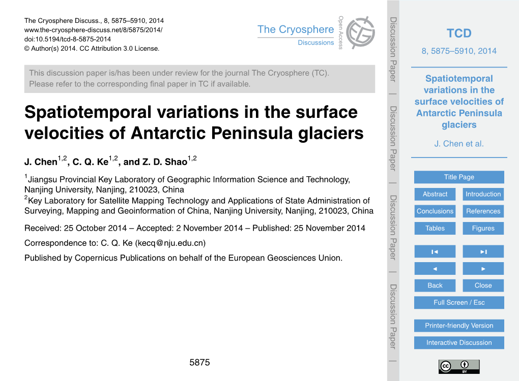 Spatiotemporal Variations in the Surface Velocities of Antarctic Peninsula Glaciers