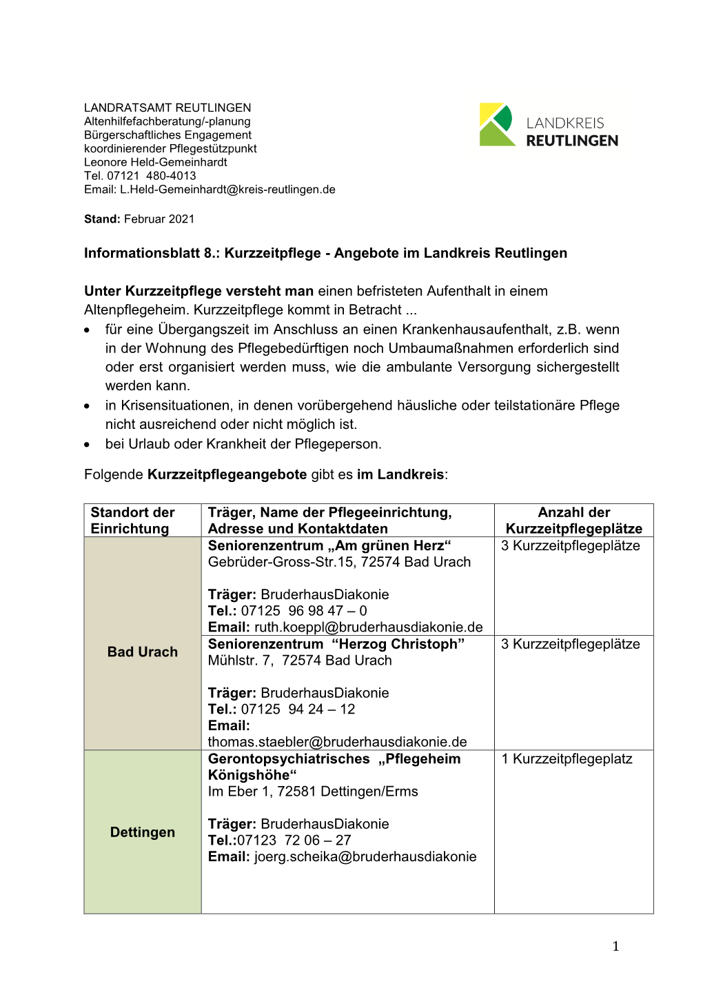 1 Informationsblatt 8.: Kurzzeitpflege