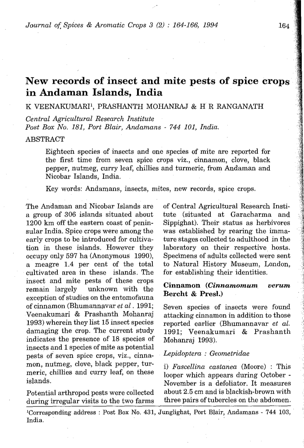 New Records of Insect and Mite Pests of Spice Crops in Andaman Islands