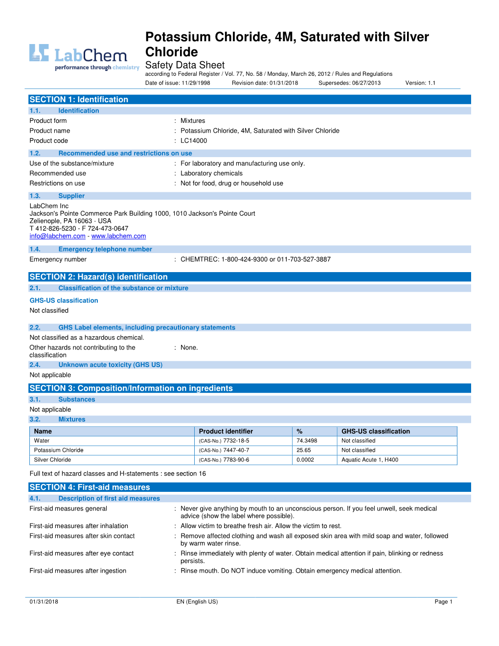 Potassium Chloride, 4M, Saturated with Silver Chloride