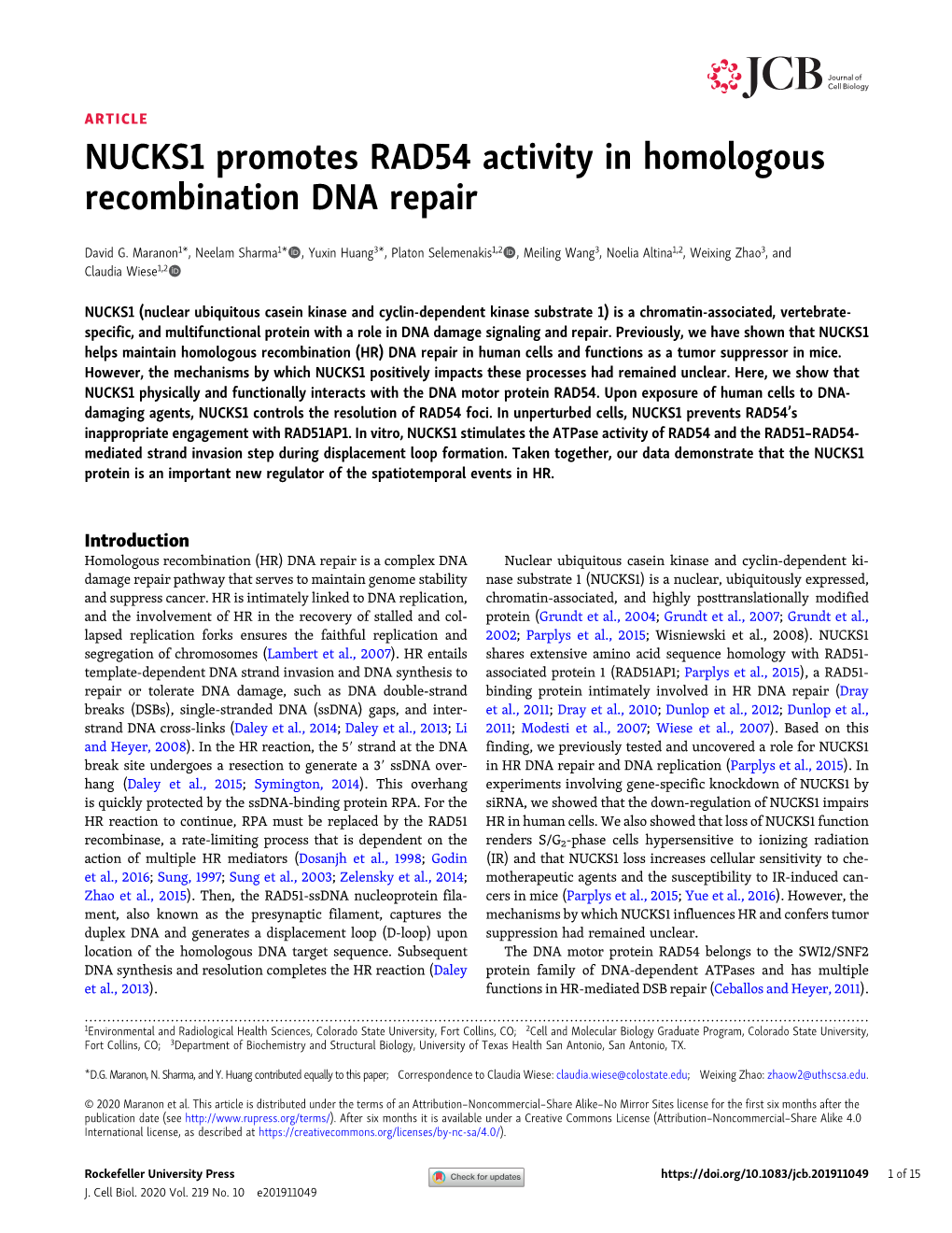 NUCKS1 Promotes RAD54 Activity in Homologous Recombination DNA Repair