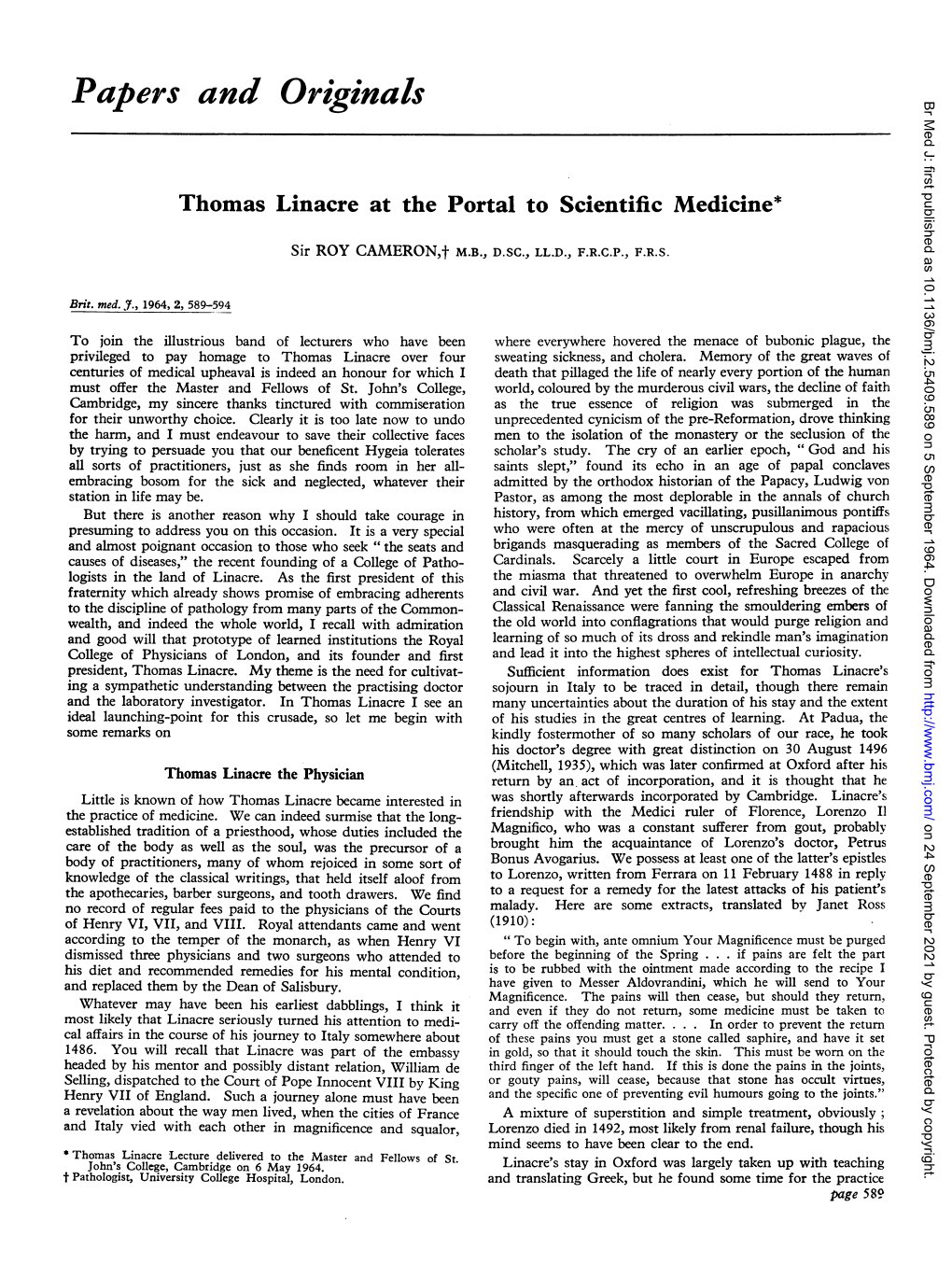 Thomas Linacre at the Portal to Scientific Medicine*
