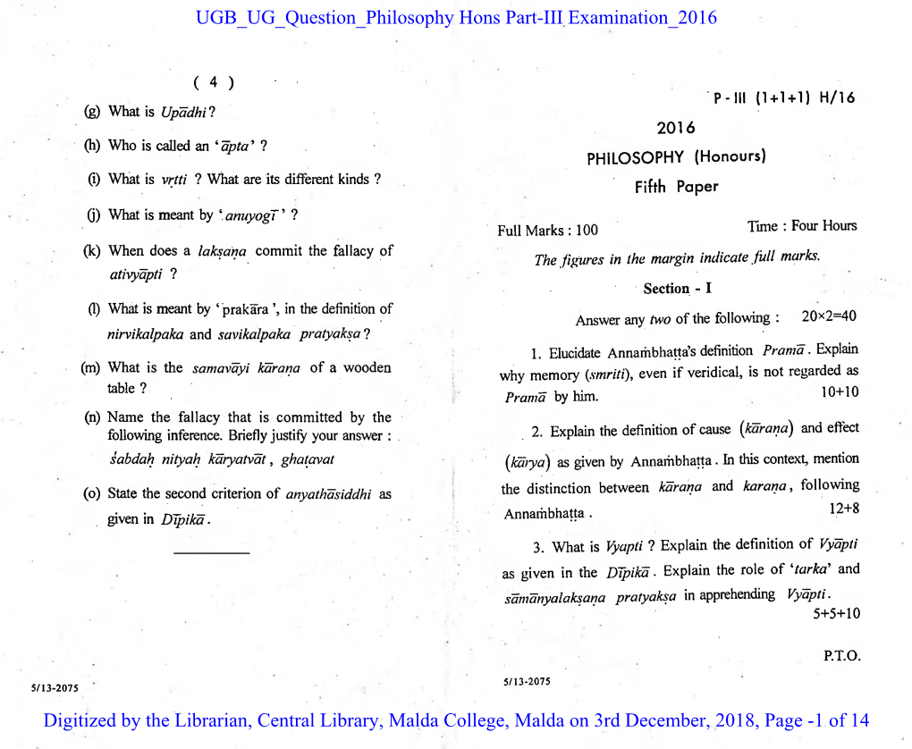 UGB UG Question Philosophy Hons Part-III Examination 2016 Digitized by the Librarian, Central Library, Malda College, Malda on 3