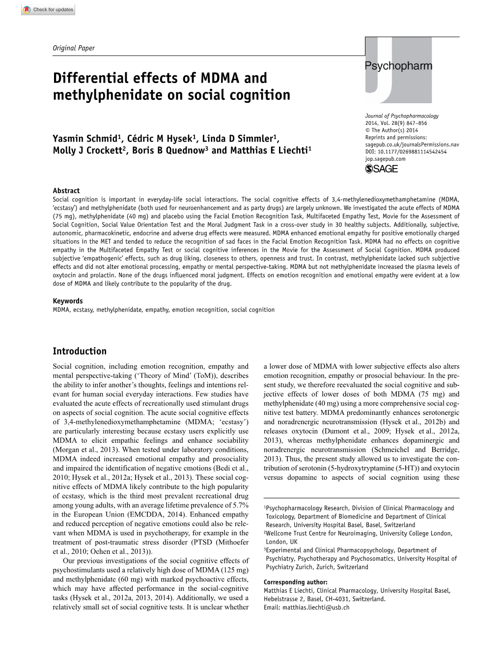 Differential Effects of MDMA and Methylphenidate on Social Cognition