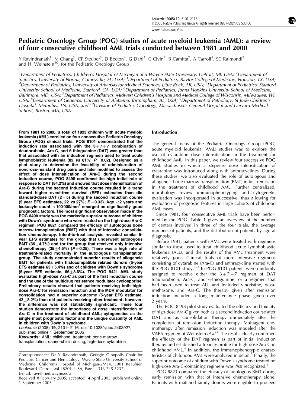 POG) Studies of Acute Myeloid Leukemia (AML): a Review of Four Consecutive Childhood AML Trials Conducted Between 1981 and 2000