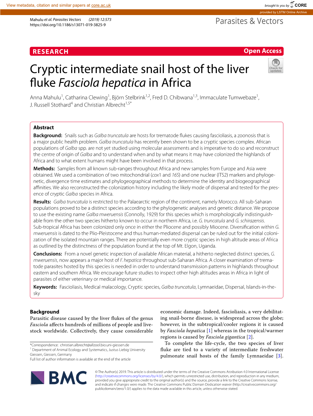 Cryptic Intermediate Snail Host of the Liver Fluke Fasciola Hepatica in Africa