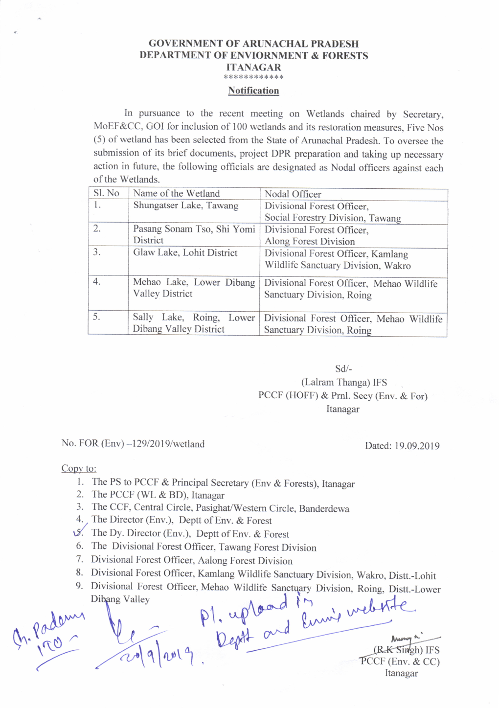 Notification on Recent Meeting on Wetlands of Arunachal Pradesh