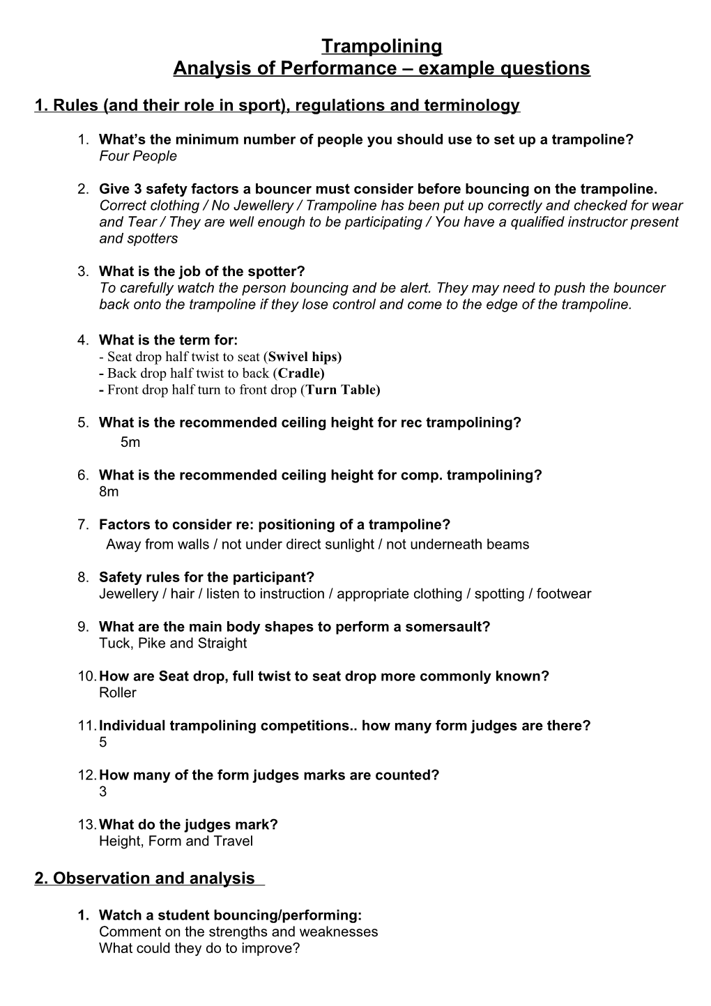 Analysis of Performance Example Questions