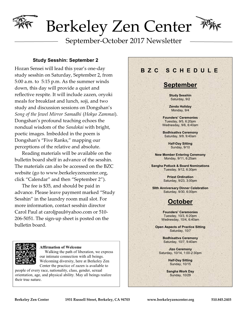 Berkeley Zen Center September-October 2017 Newsletter