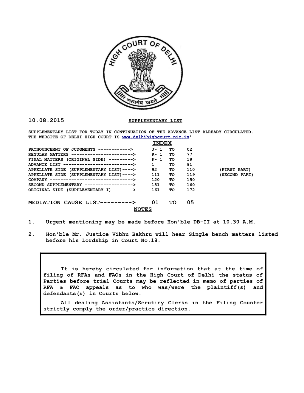 10.08.2015 MEDIATION CAUSE LIST---> 01 to 05 NOTES