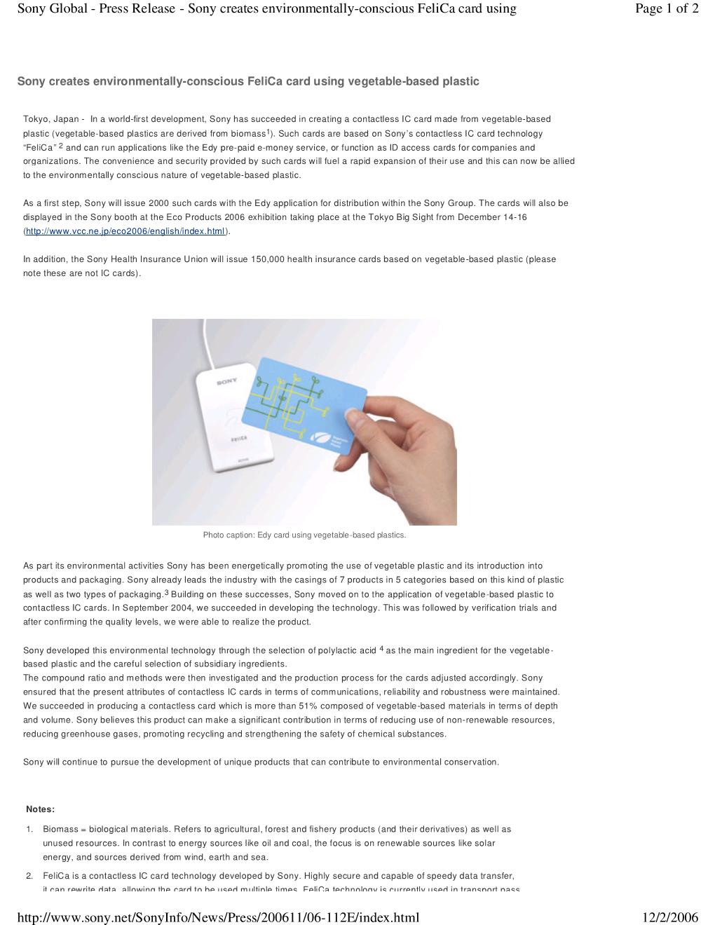 Sony Creates Environmentally-Conscious Felica Card Using Page 1 of 2